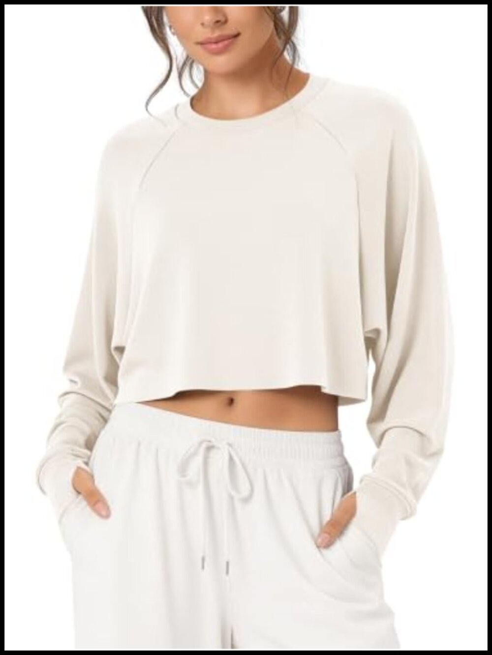 Modal Soft Cropped Sweatshirt with Thumb Hole Crew Neck Pullover